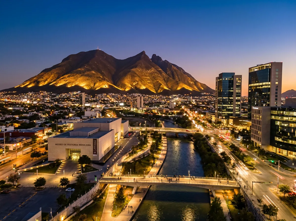 Vista nocturna de Monterrey México con el Cerro de la Silla y arquitectura moderna iluminada