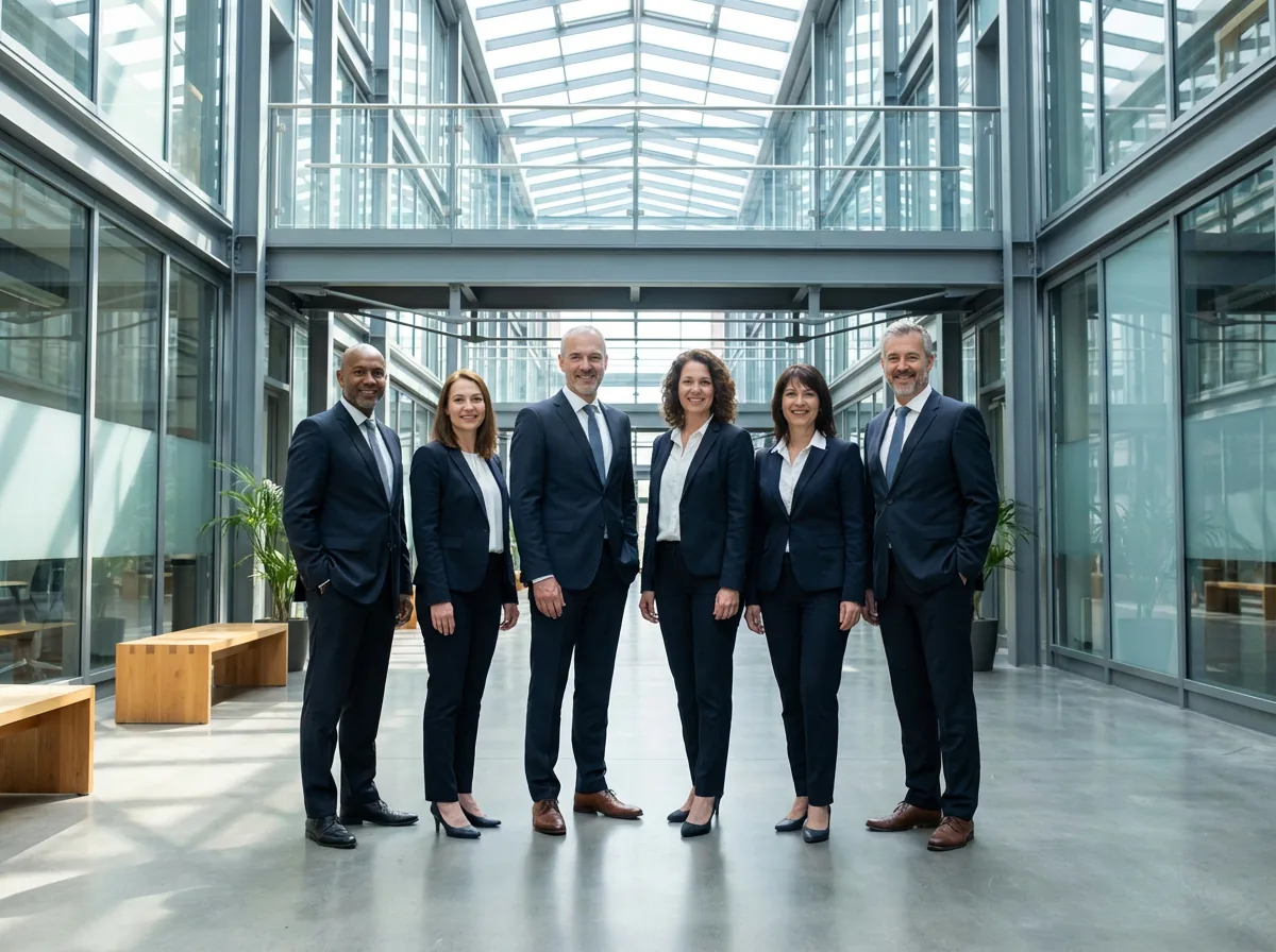 Grupo de consultores experimentados de OPXUM en un lobby corporativo moderno transmitiendo confianza y profesionalismo