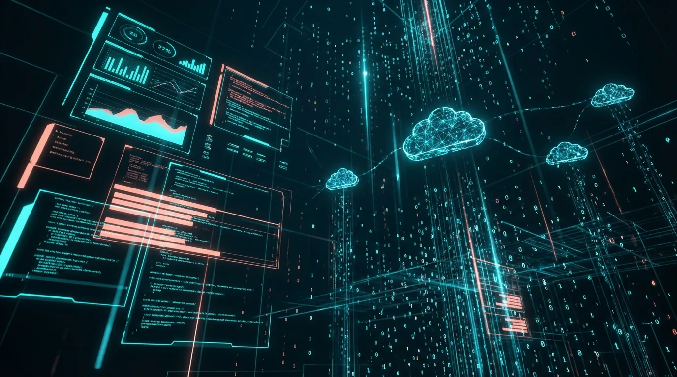 Paisaje digital abstracto con elementos holográficos flotantes, fragmentos de código y flujos de datos en tonos cian y coral