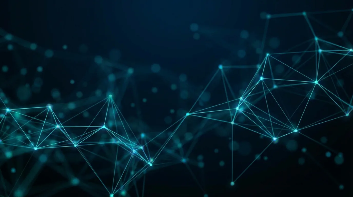 Fondo abstracto de red tecnológica con nodos brillantes en tonos cian representando conectividad empresarial