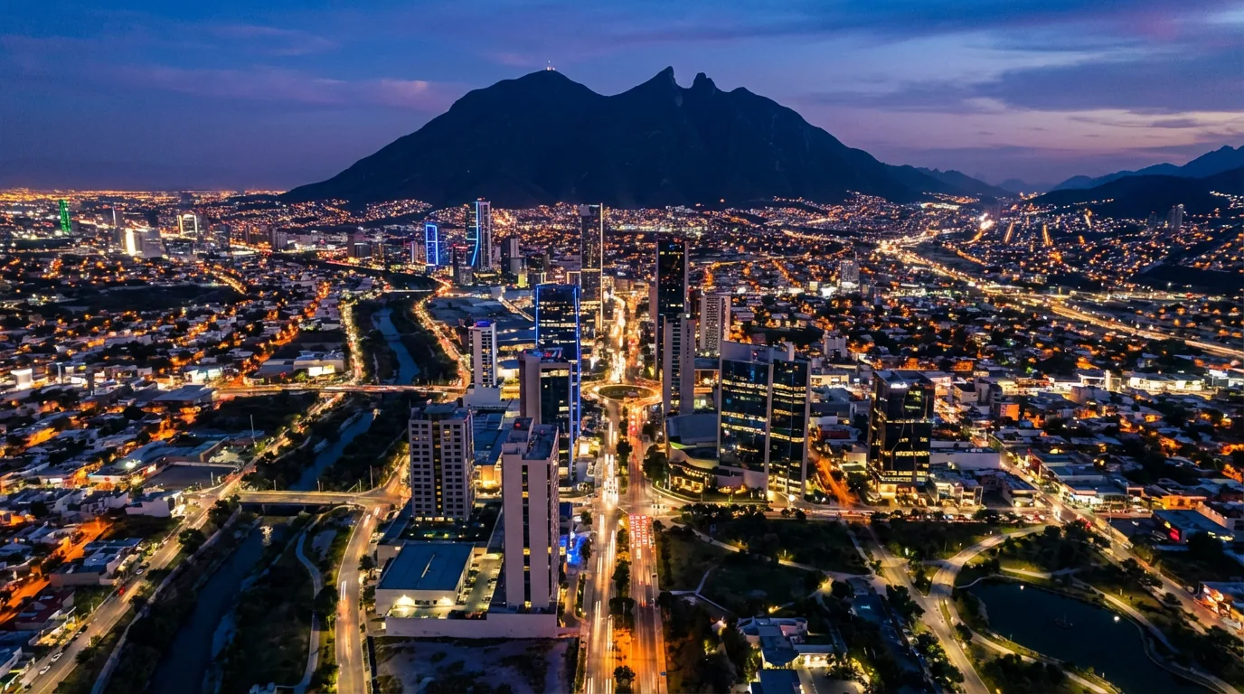 Vista aérea panorámica de Monterrey México al atardecer con el Cerro de la Silla y edificios corporativos modernos