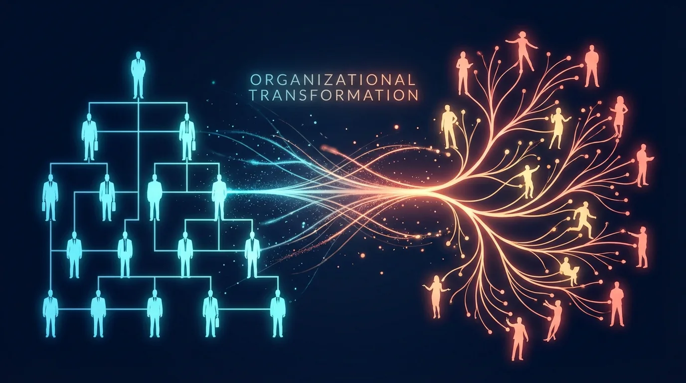 Representación abstracta de transformación organizacional con siluetas humanas conectadas por redes brillantes