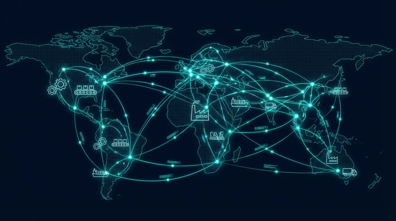 Visualización abstracta de cadena de suministro y flujos de procesos de manufactura interconectados con líneas brillantes