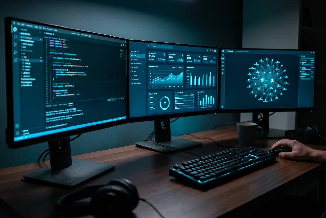 Configuración multi-monitor mostrando código y dashboards de analítica con interfaces brillantes