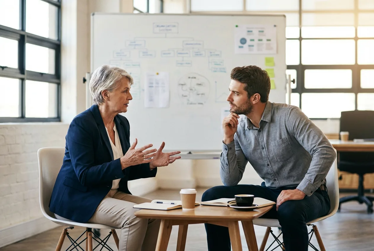 Sesión de mentoría entre profesionales de negocios con organigramas en el fondo