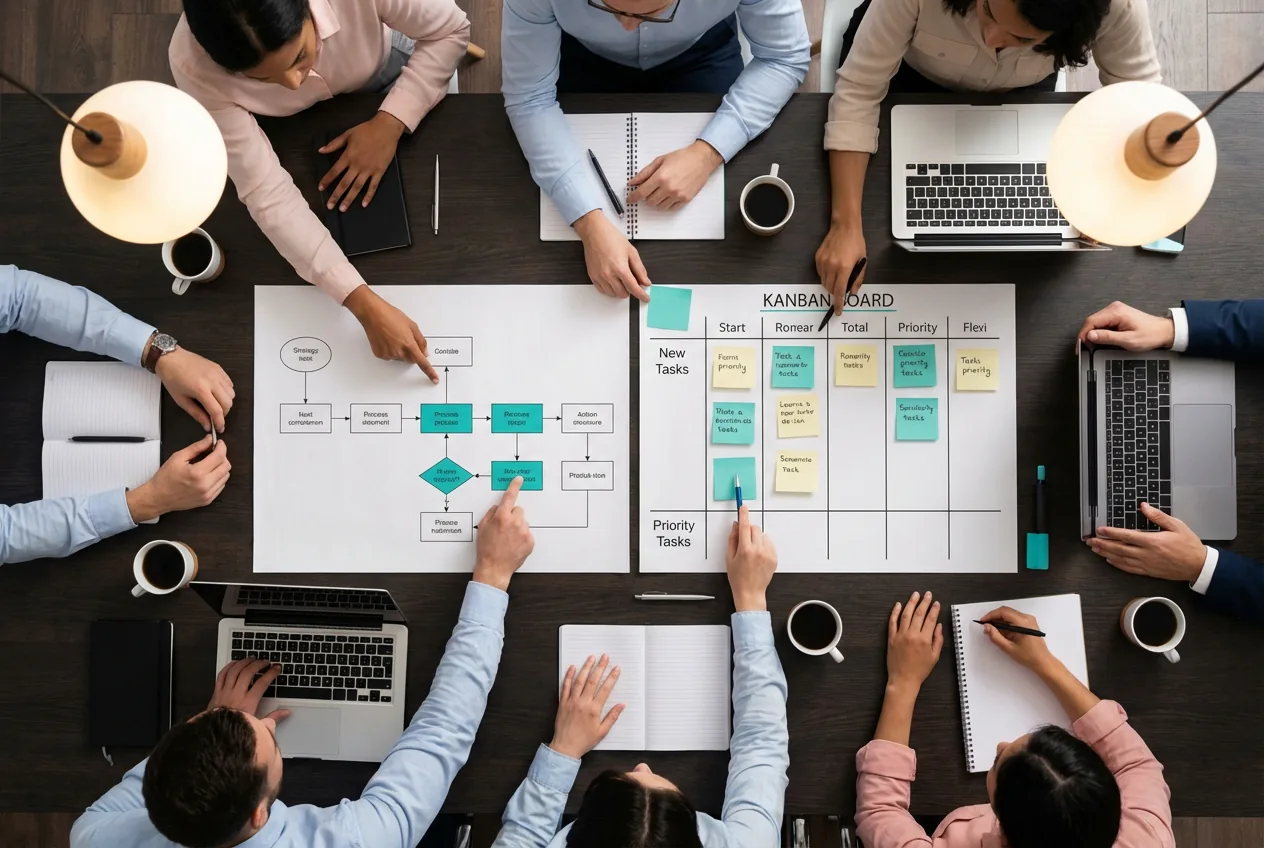 Diagramas de flujo de procesos y tableros Kanban en sesión de planificación de operaciones